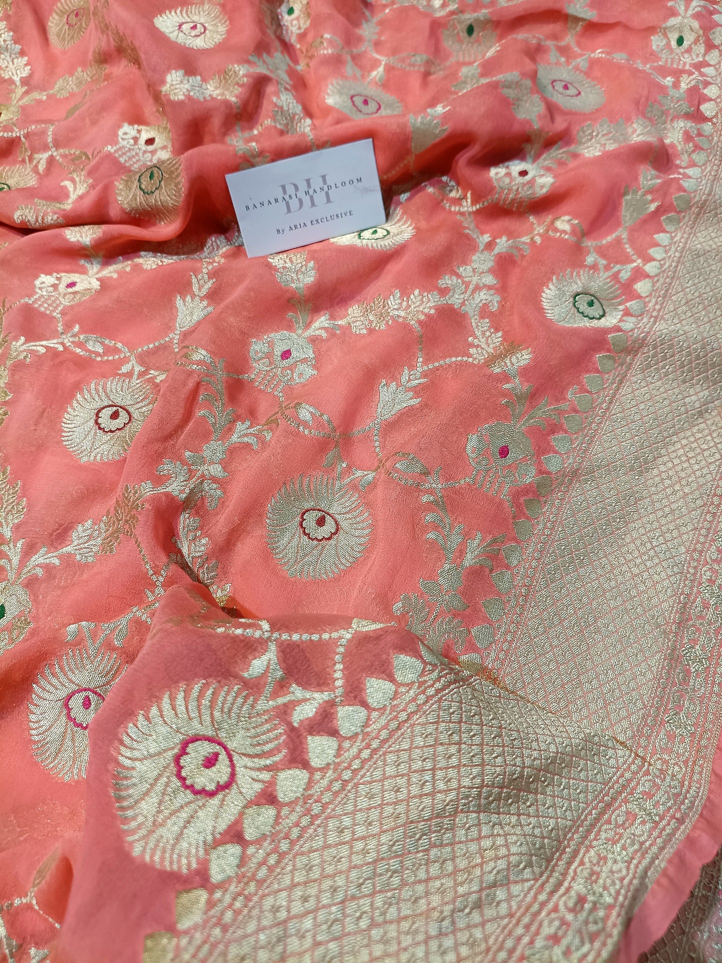 Pure Handloom Khaddi Chiffon Banarasi Saree with Meenakari Floral Jangla Weaving