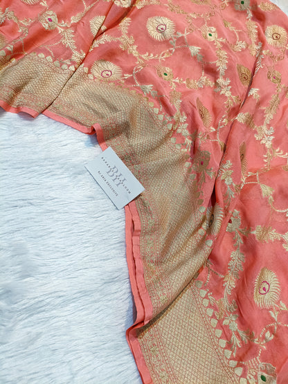 Pure Handloom Khaddi Chiffon Banarasi Saree with Meenakari Floral Jangla Weaving