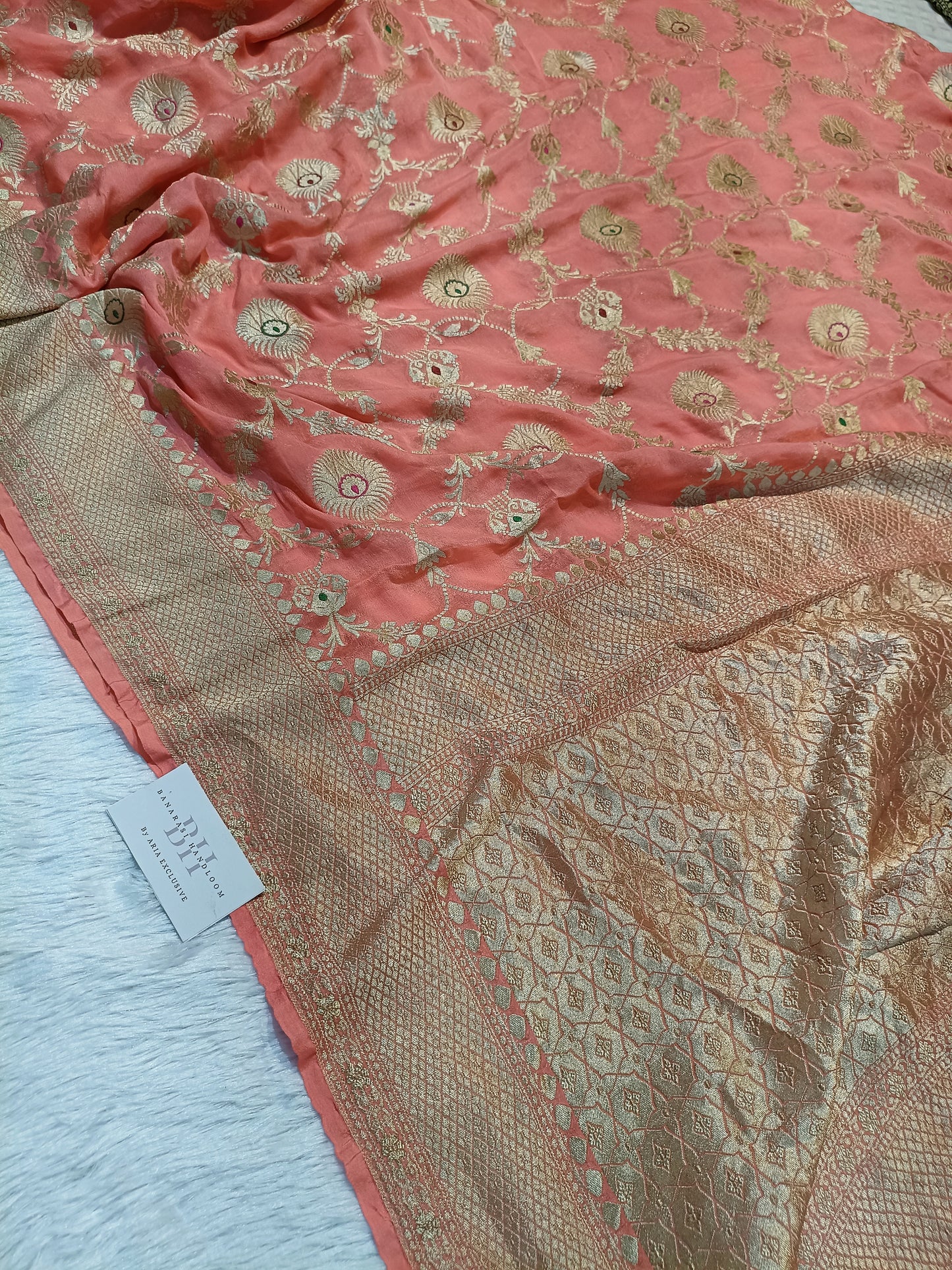 Pure Handloom Khaddi Chiffon Banarasi Saree with Meenakari Floral Jangla Weaving