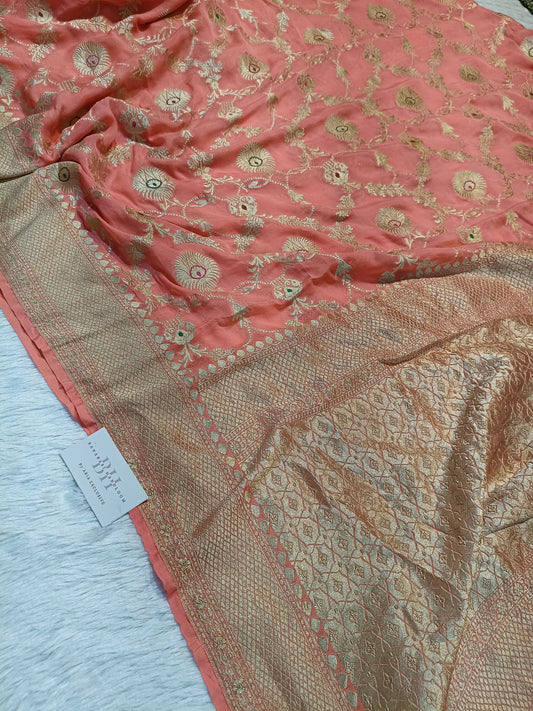Pure Handloom Khaddi Chiffon Banarasi Saree with Meenakari Floral Jangla Weaving