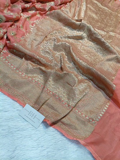 Pure Handloom Khaddi Chiffon Banarasi Saree with Meenakari Floral Jangla Weaving