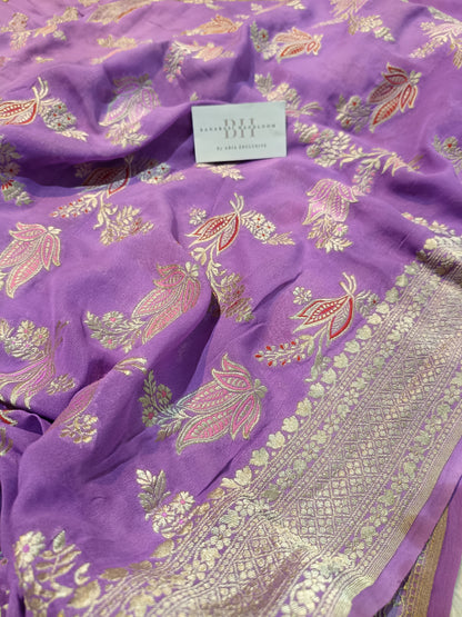 Pure Handloom Khaddi Chiffon Banarasi Saree with Meenakari Floral Buta Weaving