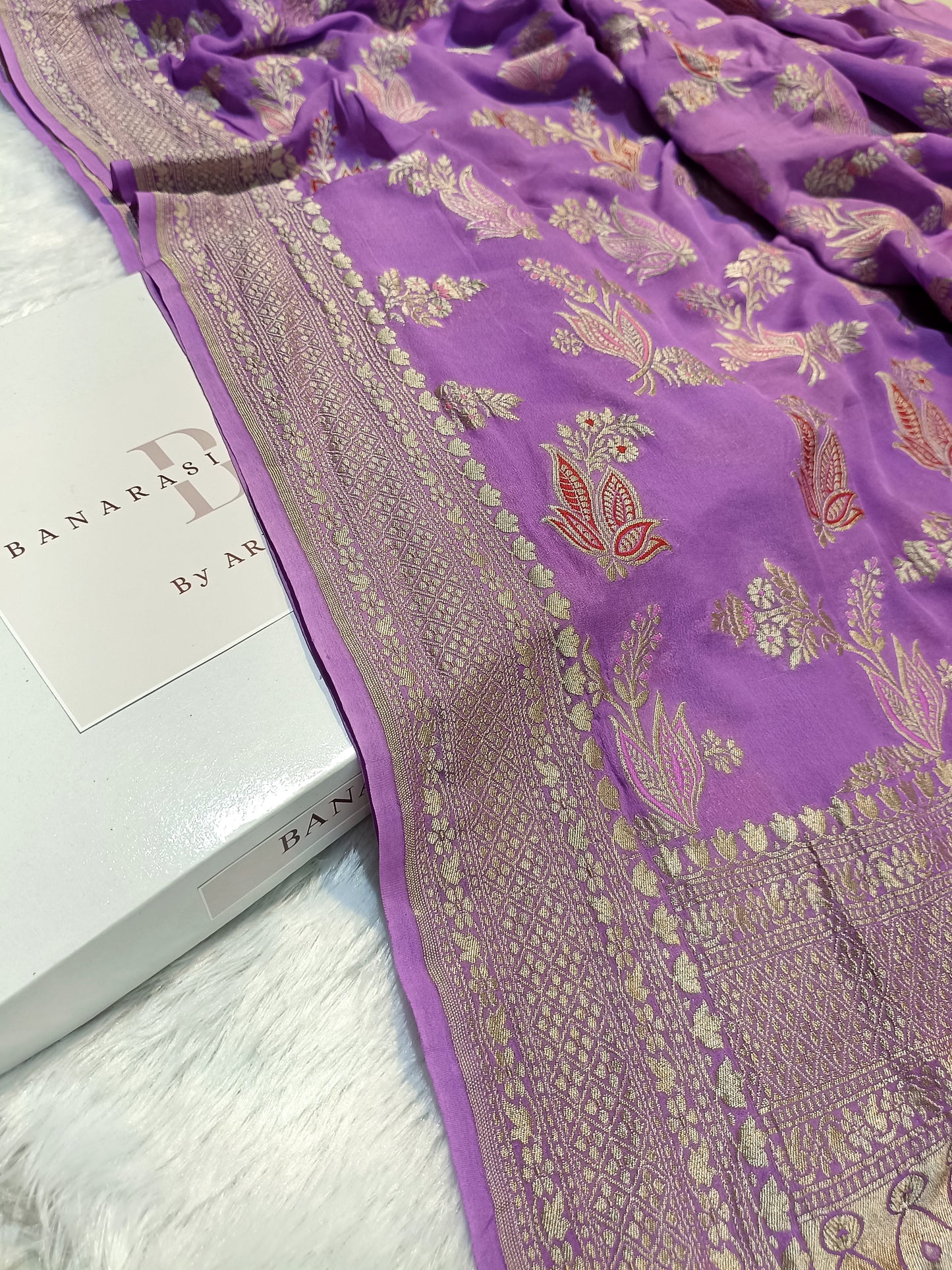 Pure Handloom Khaddi Chiffon Banarasi Saree with Meenakari Floral Buta Weaving