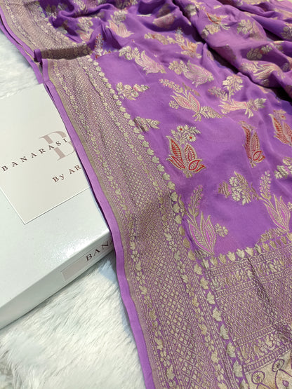 Pure Handloom Khaddi Chiffon Banarasi Saree with Meenakari Floral Buta Weaving