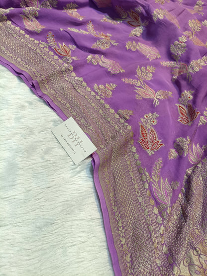 Pure Handloom Khaddi Chiffon Banarasi Saree with Meenakari Floral Buta Weaving