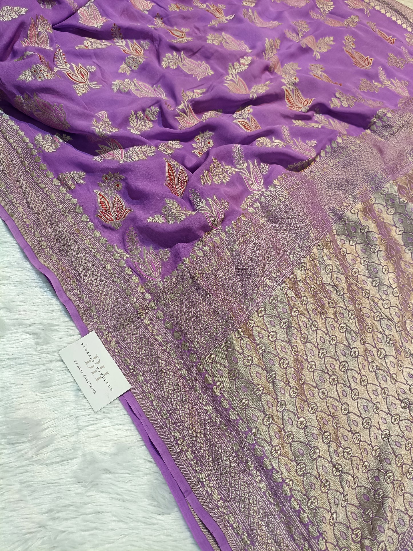 Pure Handloom Khaddi Chiffon Banarasi Saree with Meenakari Floral Buta Weaving