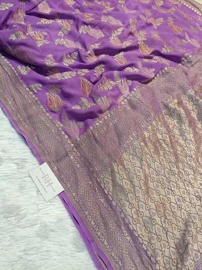 Pure Handloom Khaddi Chiffon Banarasi Saree with Meenakari Floral Buta Weaving