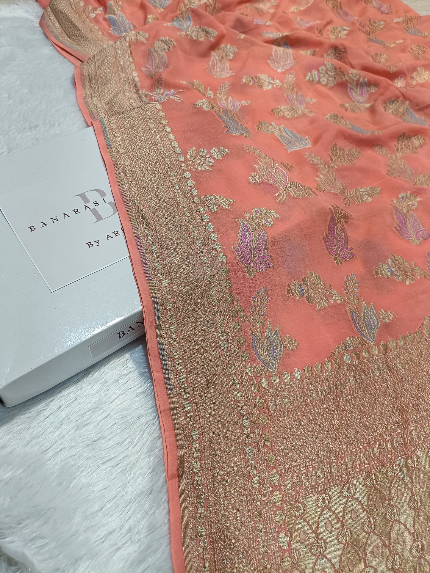 Pure Handloom Khaddi Chiffon Banarasi Saree with Meenakari Floral Buta Weaving