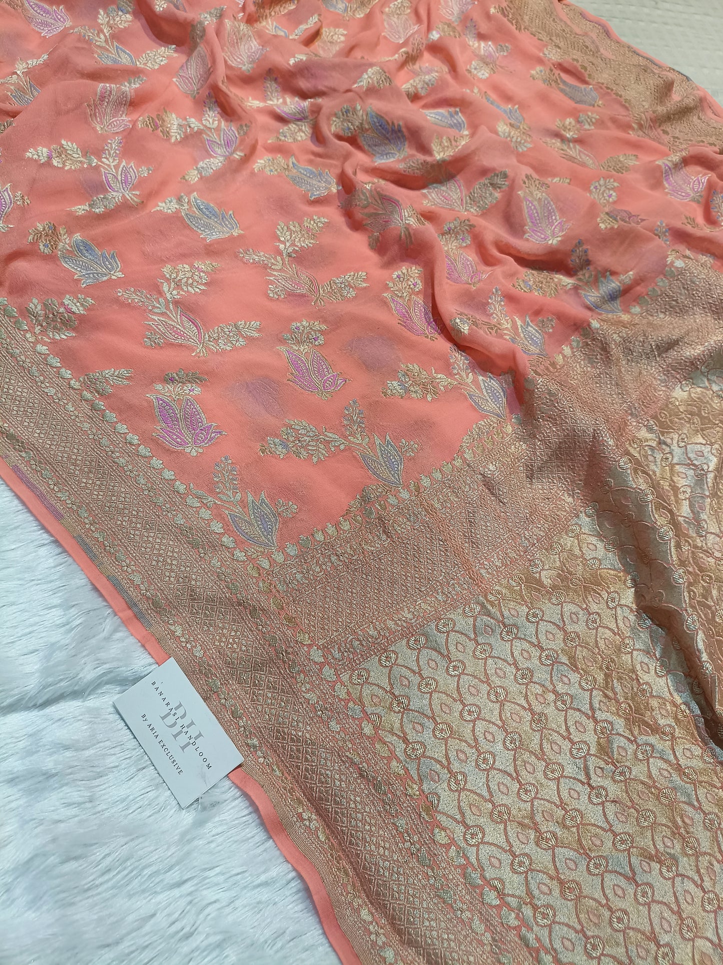 Pure Handloom Khaddi Chiffon Banarasi Saree with Meenakari Floral Buta Weaving