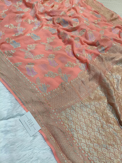 Pure Handloom Khaddi Chiffon Banarasi Saree with Meenakari Floral Buta Weaving