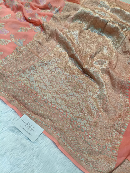 Pure Handloom Khaddi Chiffon Banarasi Saree with Meenakari Floral Buta Weaving