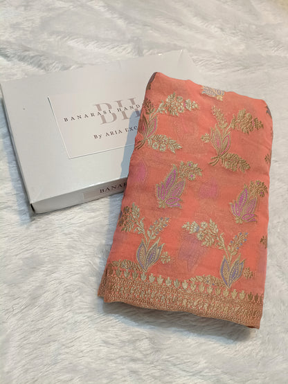 Pure Handloom Khaddi Chiffon Banarasi Saree with Meenakari Floral Buta Weaving
