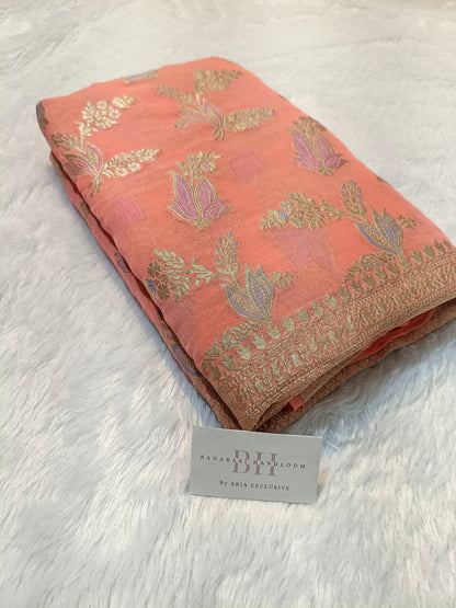 Pure Handloom Khaddi Chiffon Banarasi Saree with Meenakari Floral Buta Weaving