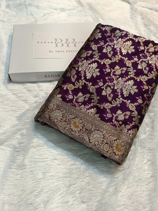 Pure Handloom Katan Silk Banarasi Saree with Meenakari Jaal Weaving