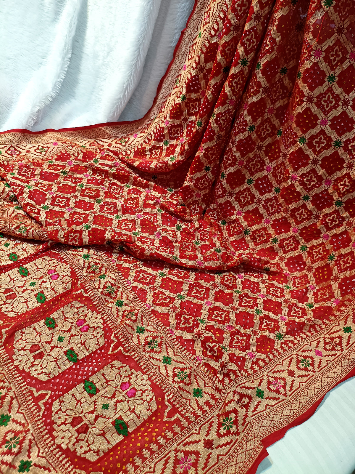 Pure Handloom Khaddi Bandhej Meenakari Banarasi Saree