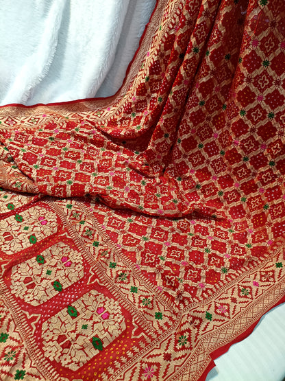 Pure Handloom Khaddi Bandhej Meenakari Banarasi Saree