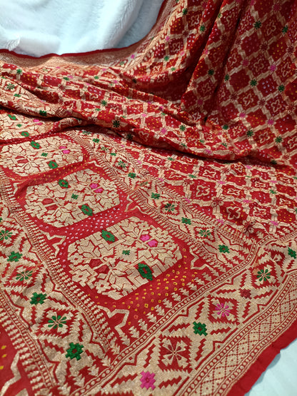 Pure Handloom Khaddi Bandhej Meenakari Banarasi Saree