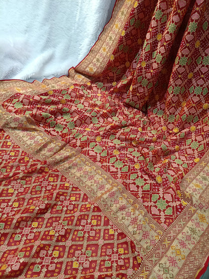 Pure Handloom Khaddi Bandhej Meenakari Banarasi Saree