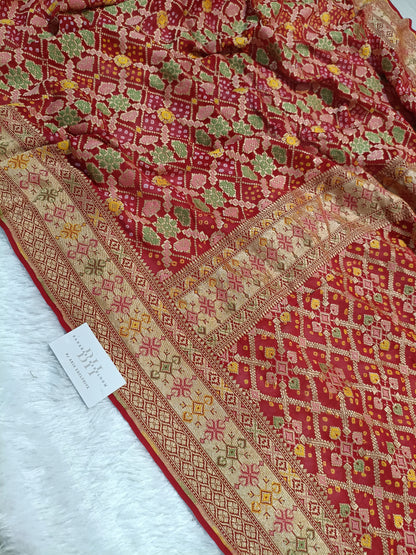 Pure Handloom Khaddi Bandhej Meenakari Banarasi Saree
