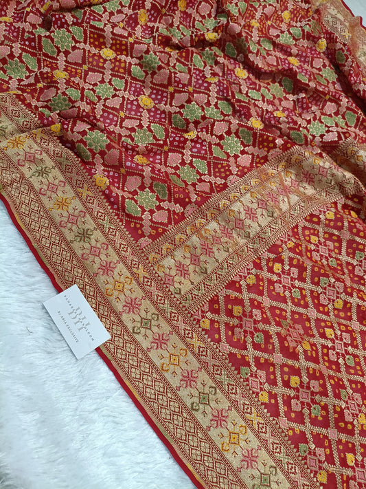 Pure Handloom Khaddi Bandhej Meenakari Banarasi Saree