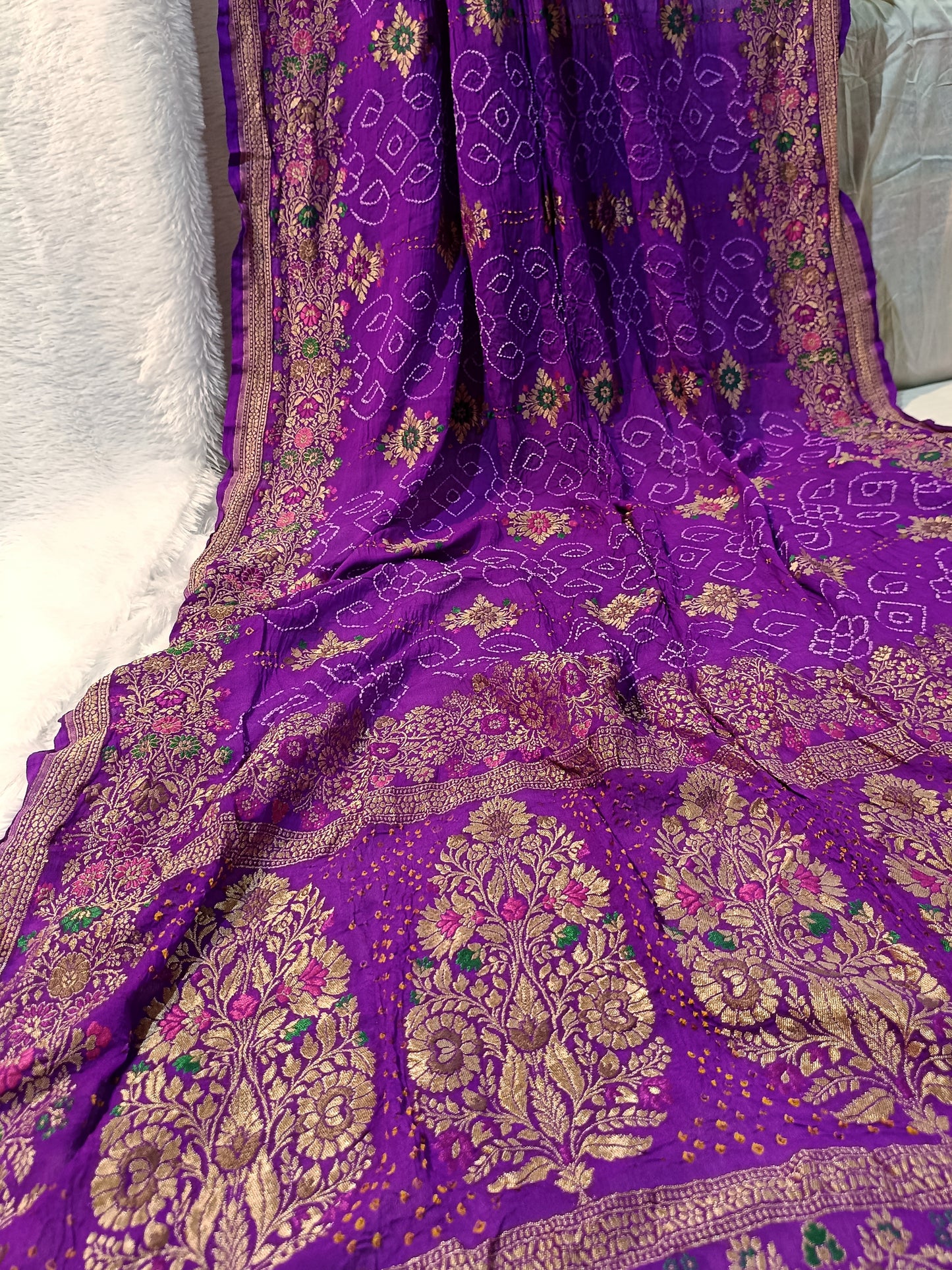 Pure Handloom Khaddi Bandhej Meenakari Banarasi Saree