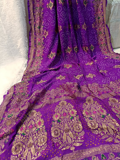 Pure Handloom Khaddi Bandhej Meenakari Banarasi Saree
