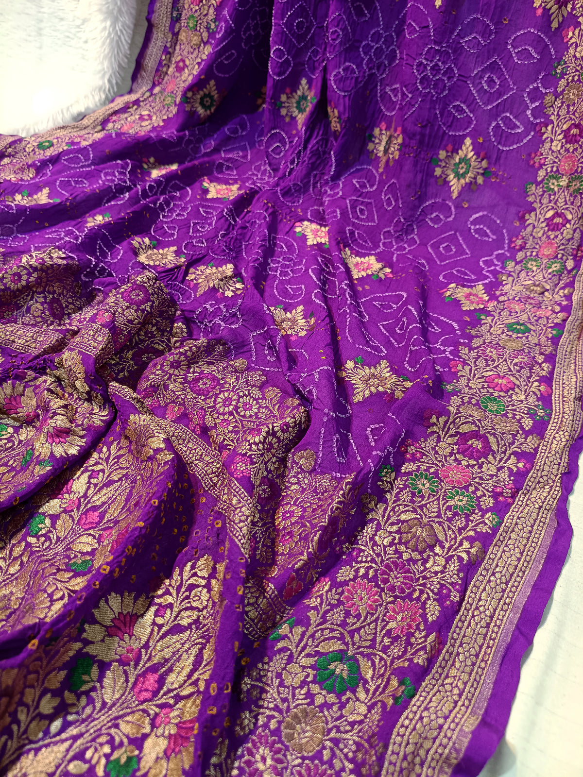 Pure Handloom Khaddi Bandhej Meenakari Banarasi Saree
