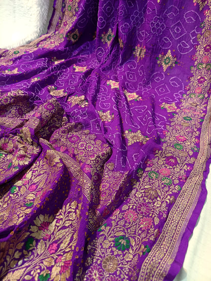 Pure Handloom Khaddi Bandhej Meenakari Banarasi Saree