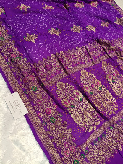 Pure Handloom Khaddi Bandhej Meenakari Banarasi Saree