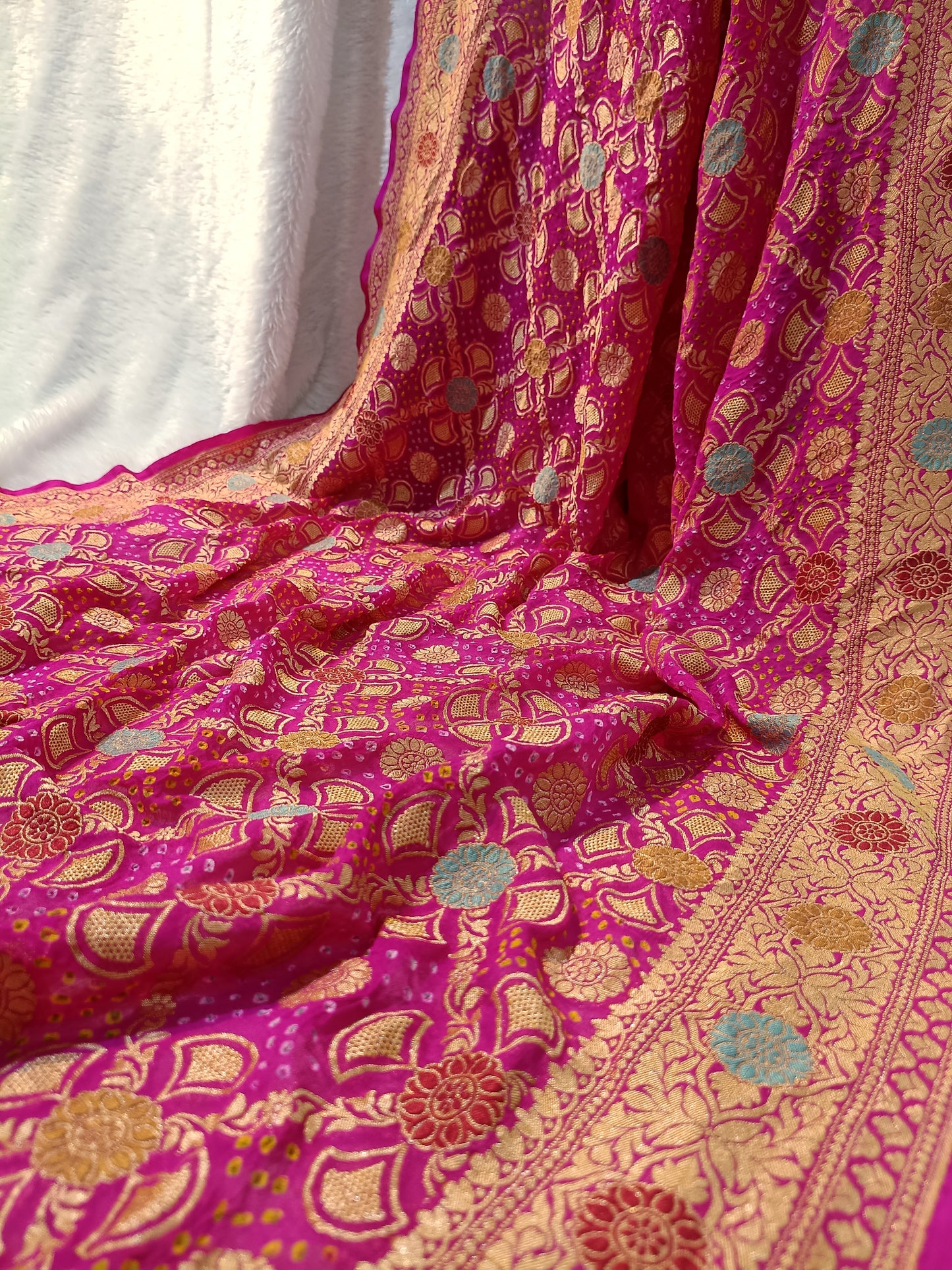 Pure Handloom Khaddi Bandhej Meenakari Banarasi Saree