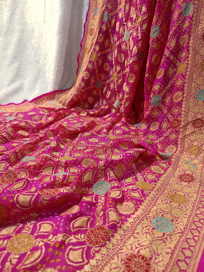 Pure Handloom Khaddi Bandhej Meenakari Banarasi Saree