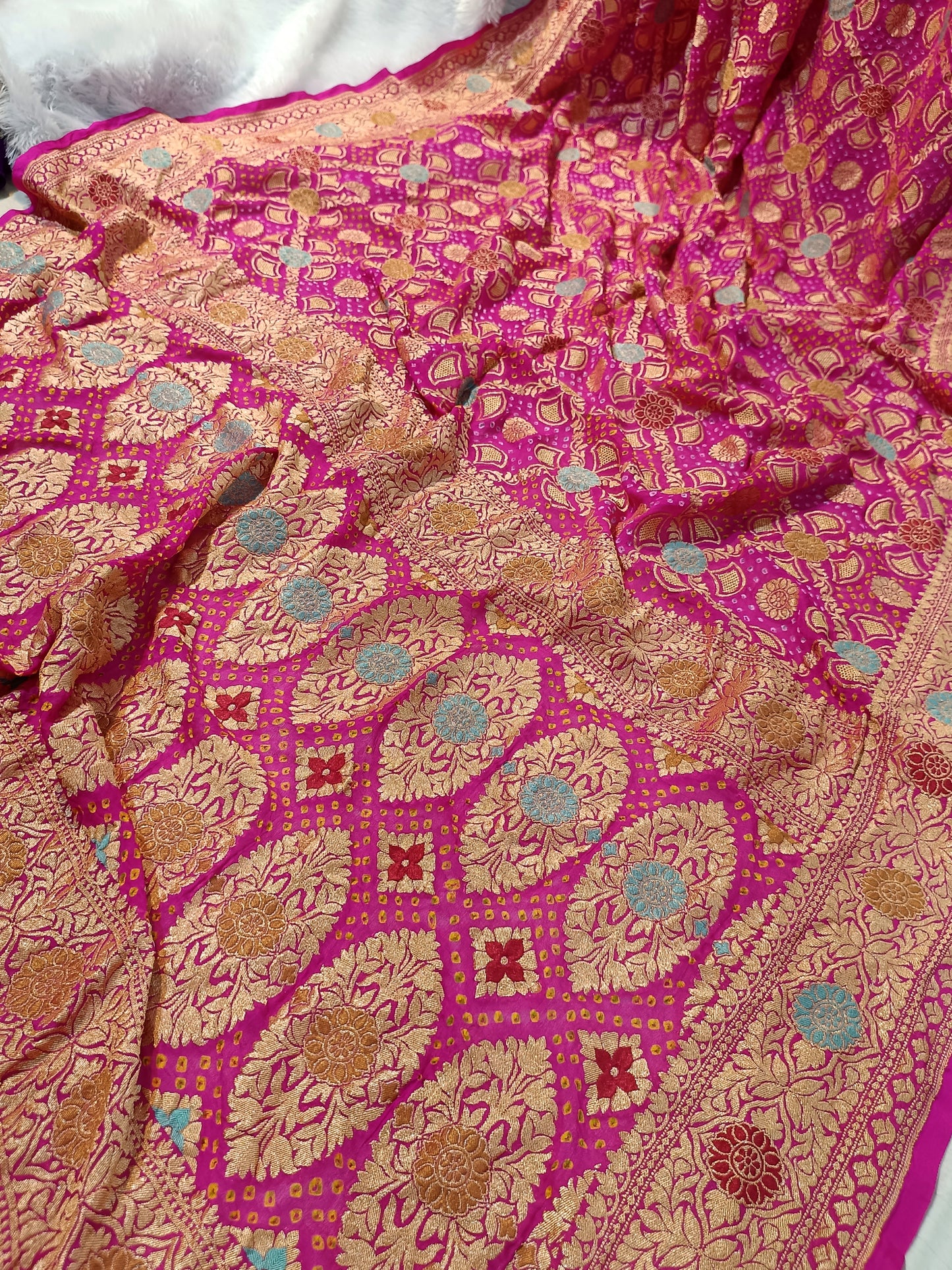 Pure Handloom Khaddi Bandhej Meenakari Banarasi Saree