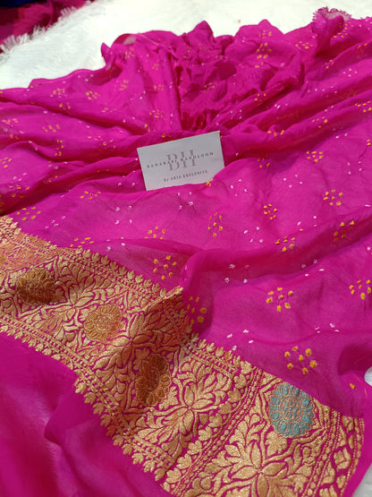 Pure Handloom Khaddi Bandhej Meenakari Banarasi Saree