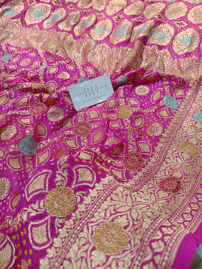 Pure Handloom Khaddi Bandhej Meenakari Banarasi Saree