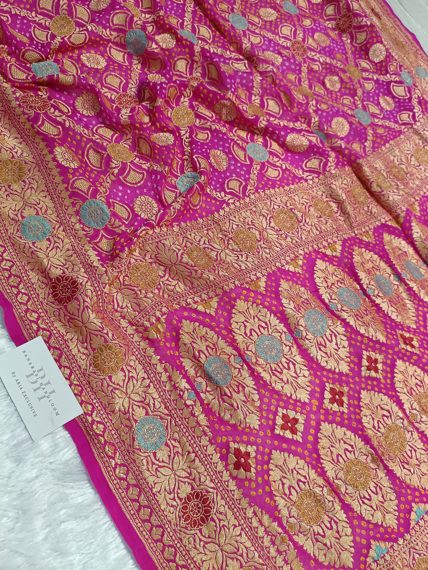 Pure Handloom Khaddi Bandhej Meenakari Banarasi Saree
