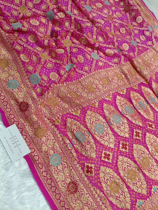 Pure Handloom Khaddi Bandhej Meenakari Banarasi Saree