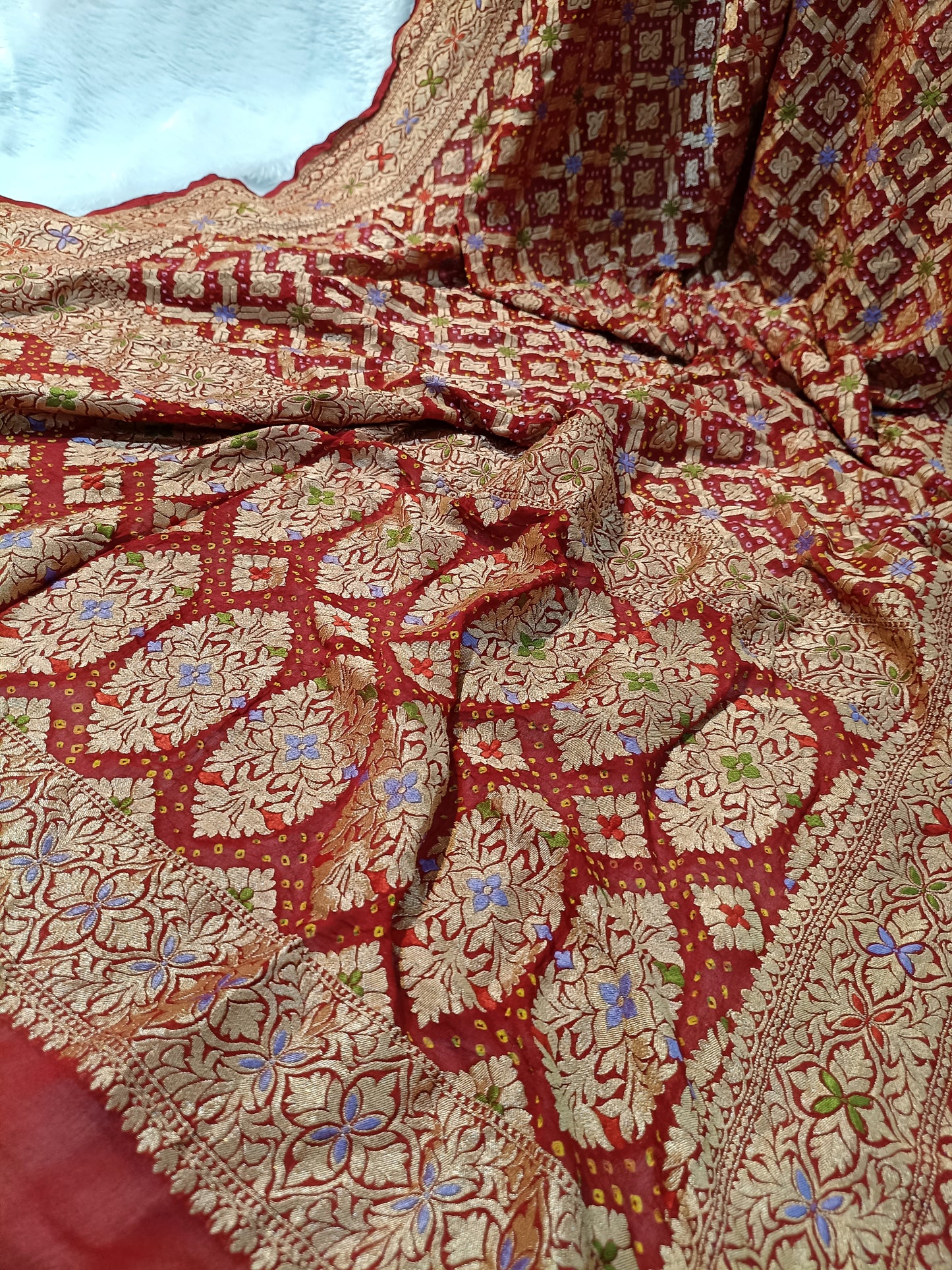 Pure Handloom Khaddi Bandhej Meenakari Banarasi Saree