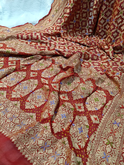 Pure Handloom Khaddi Bandhej Meenakari Banarasi Saree