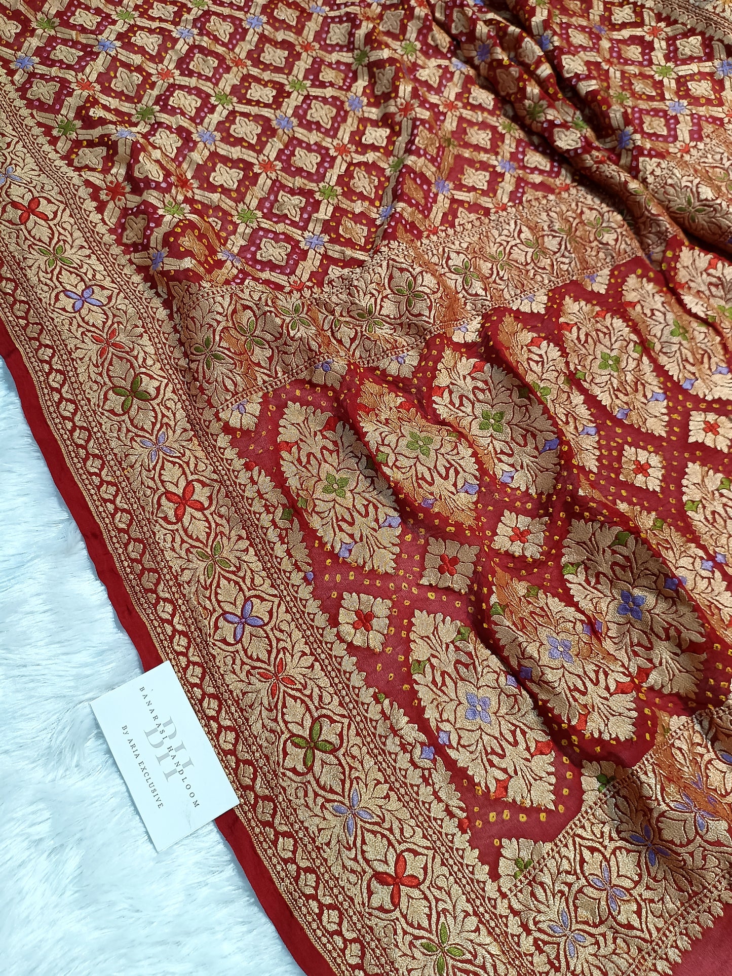 Pure Handloom Khaddi Bandhej Meenakari Banarasi Saree