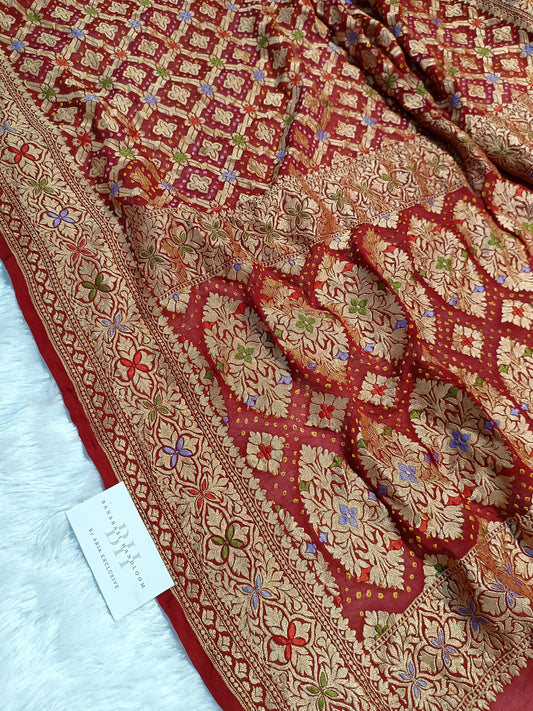 Pure Handloom Khaddi Bandhej Meenakari Banarasi Saree