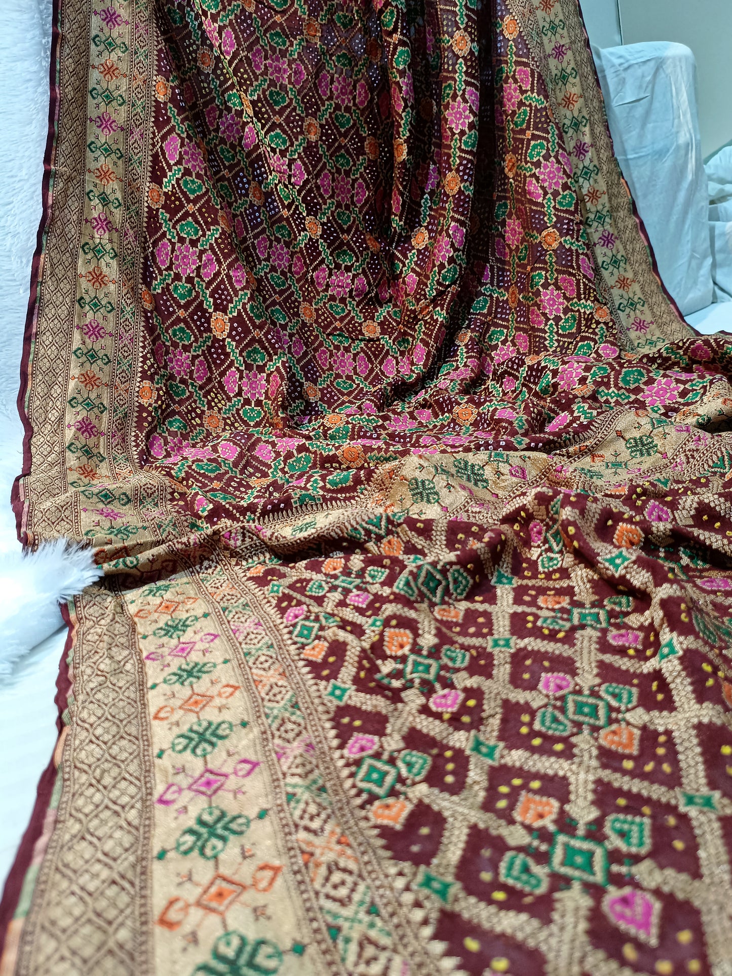 Pure Handloom Khaddi Bandhej Meenakari Banarasi Saree