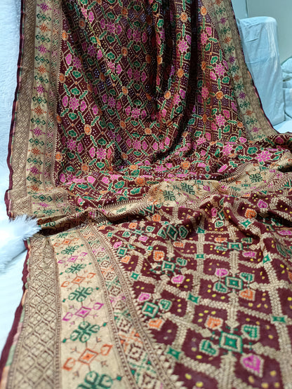 Pure Handloom Khaddi Bandhej Meenakari Banarasi Saree