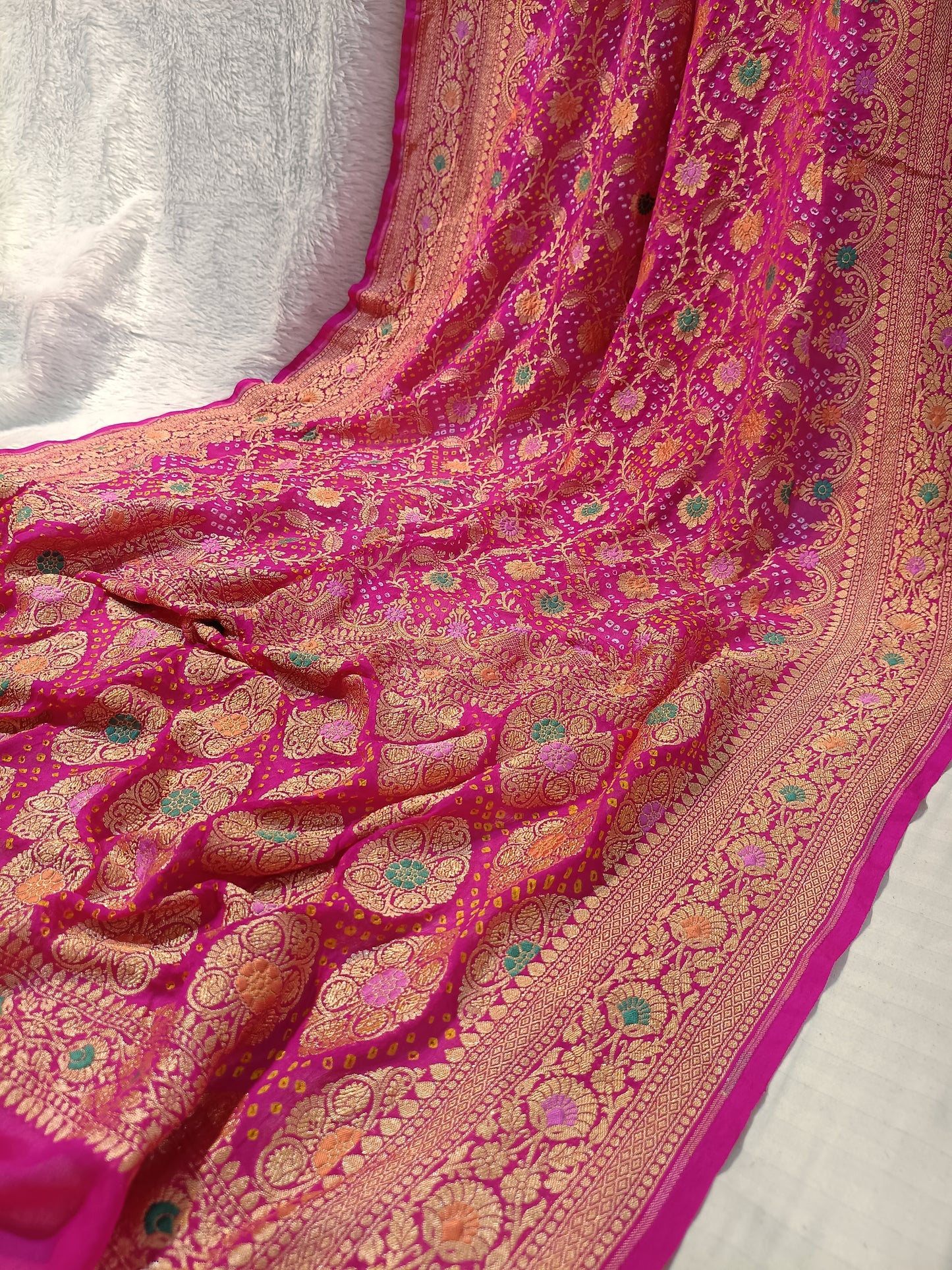 Pure Handloom Khaddi Bandhej Meenakari Banarasi Saree