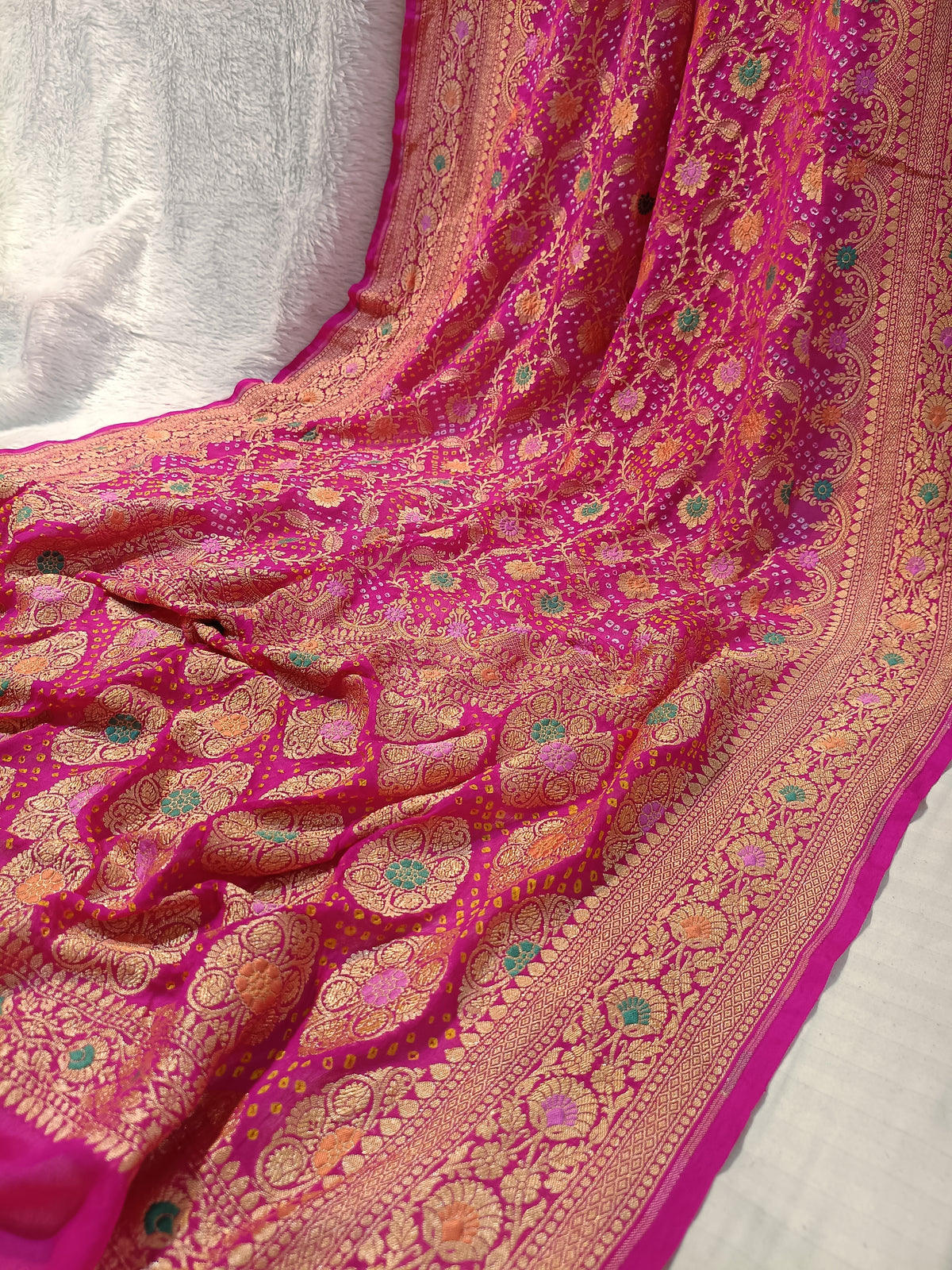 Pure Handloom Khaddi Bandhej Meenakari Banarasi Saree