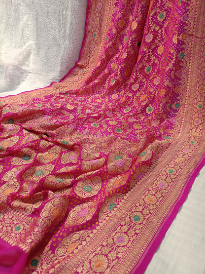 Pure Handloom Khaddi Bandhej Meenakari Banarasi Saree
