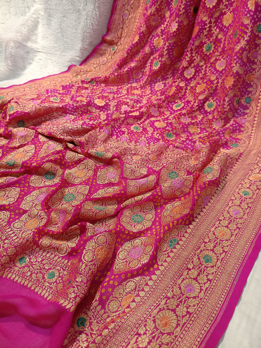Pure Handloom Khaddi Bandhej Meenakari Banarasi Saree