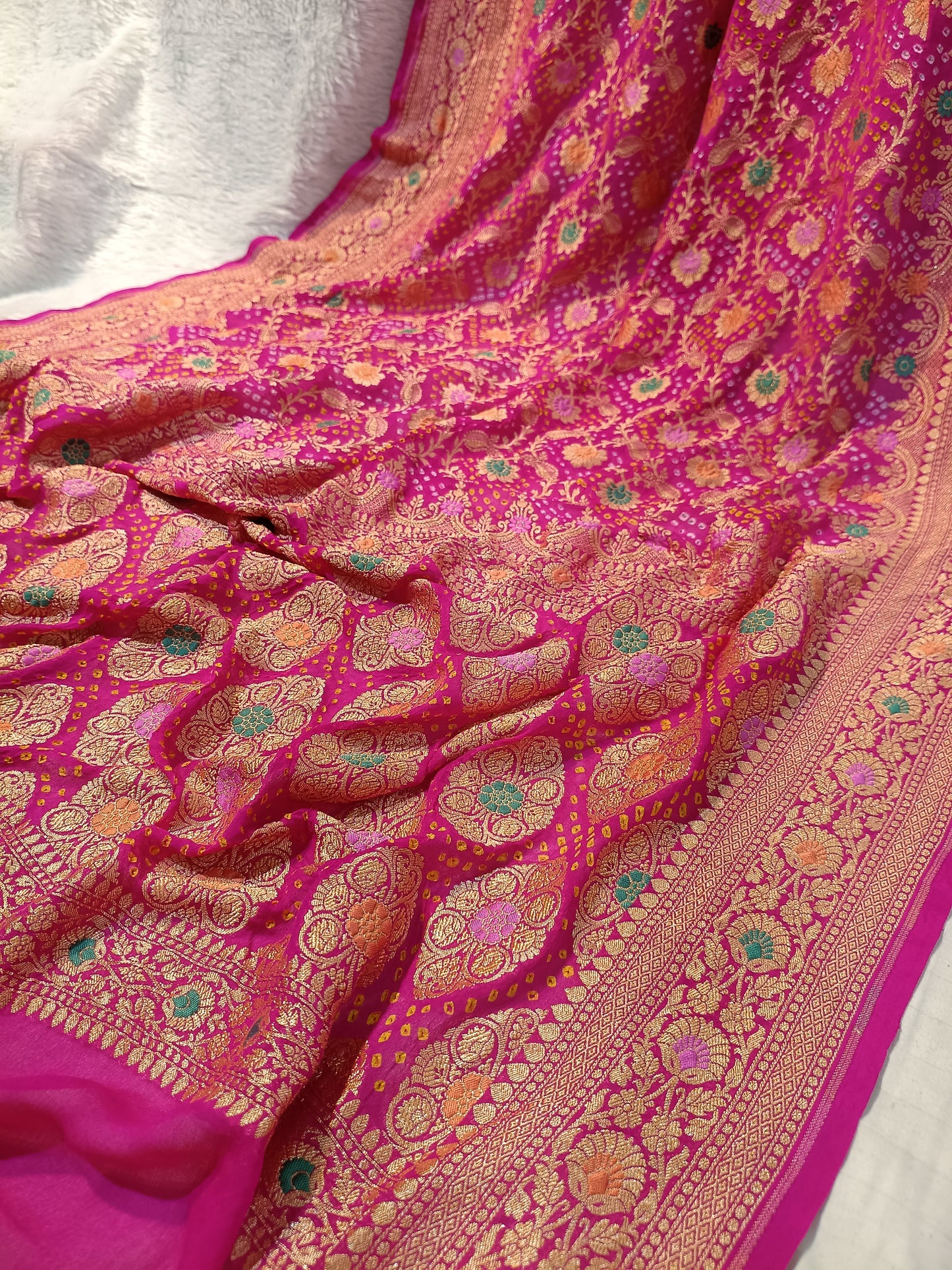 Pure Handloom Khaddi Bandhej Meenakari Banarasi Saree