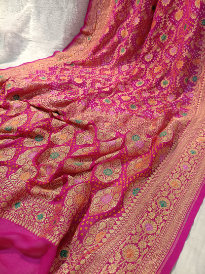 Pure Handloom Khaddi Bandhej Meenakari Banarasi Saree