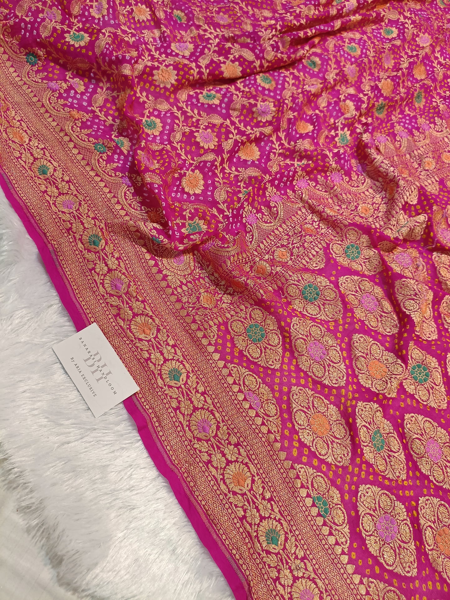Pure Handloom Khaddi Bandhej Meenakari Banarasi Saree