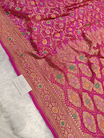 Pure Handloom Khaddi Bandhej Meenakari Banarasi Saree